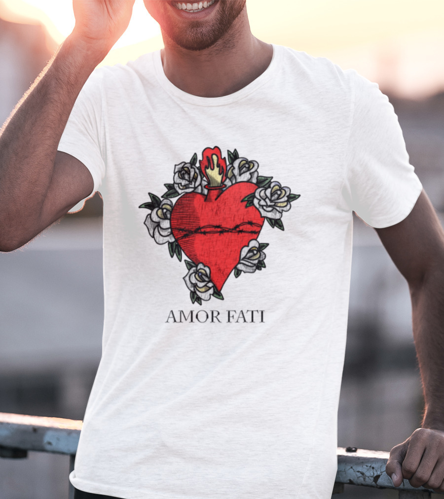 Amor Fati Sacred Heart Barbed Wire Roses Flame T-Shirt