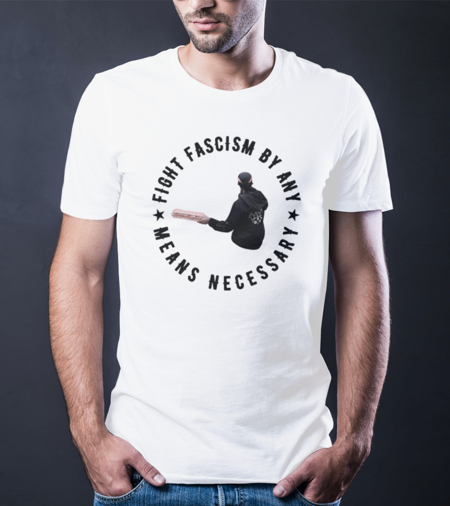 Fight Fascism By Any Means Necessary Red Bat Masked Figure T-Shirt