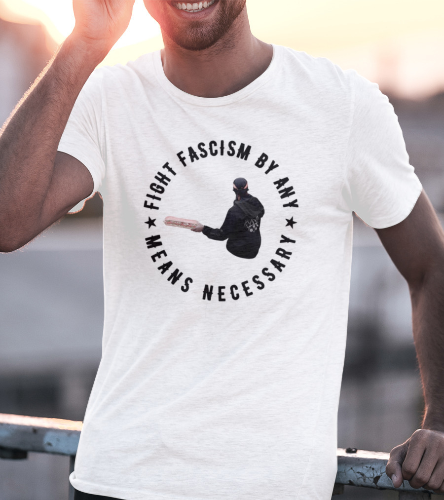 Fight Fascism By Any Means Necessary Red Bat Masked Figure T-Shirt