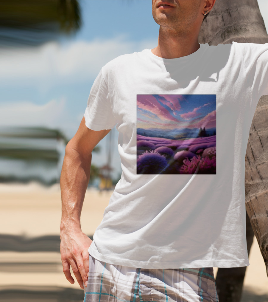 Her Radiant Bloom Lavender Sunset Landscape With Pink And Purple Sky T-Shirt