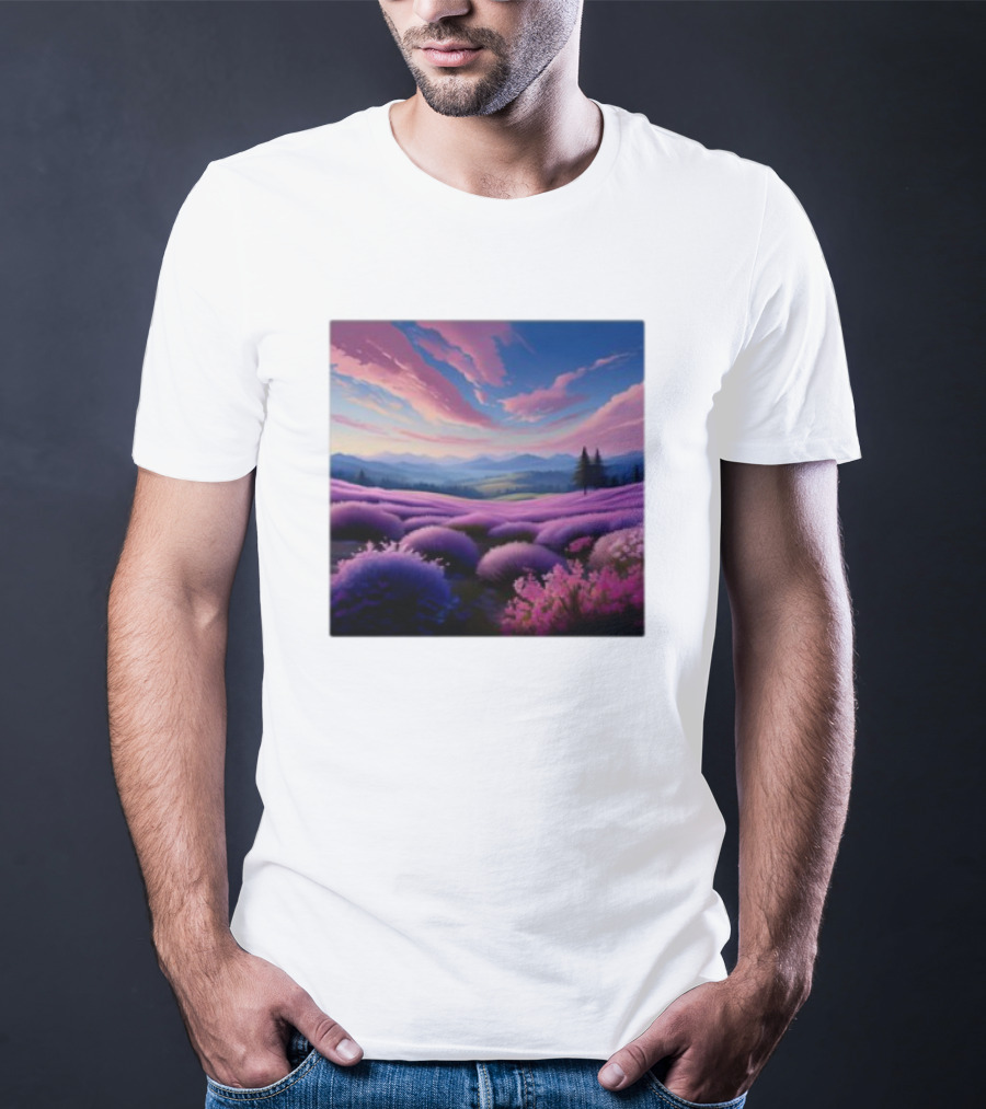 Her Radiant Bloom Lavender Sunset Landscape With Pink And Purple Sky T-Shirt