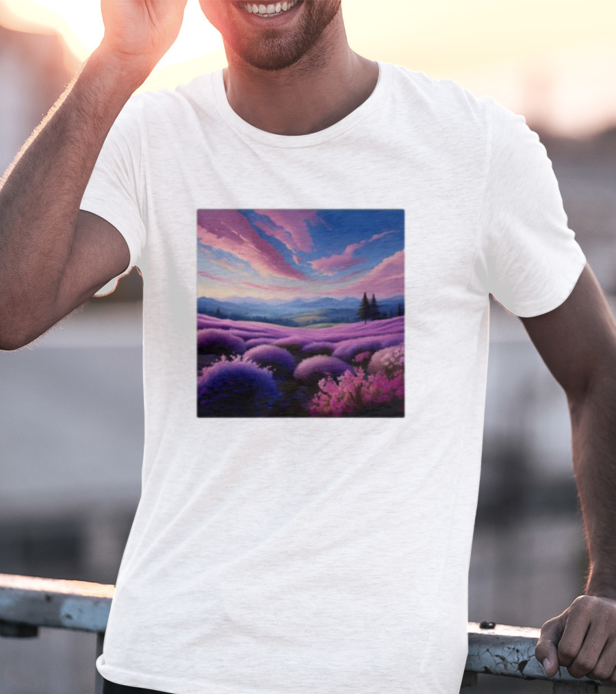 Her Radiant Bloom Lavender Sunset Landscape With Pink And Purple Sky T-Shirt