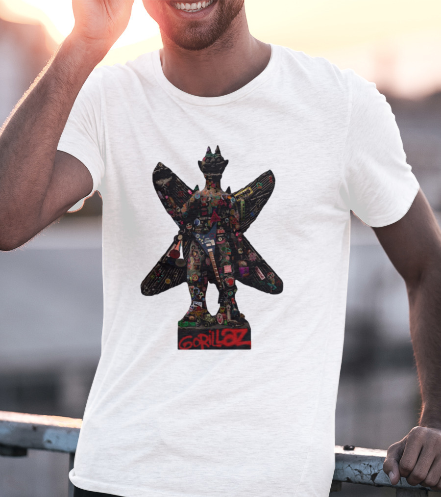 Gorillaz Iconic Pazuzu Figure With Music And Cultural Symbols T-Shirt