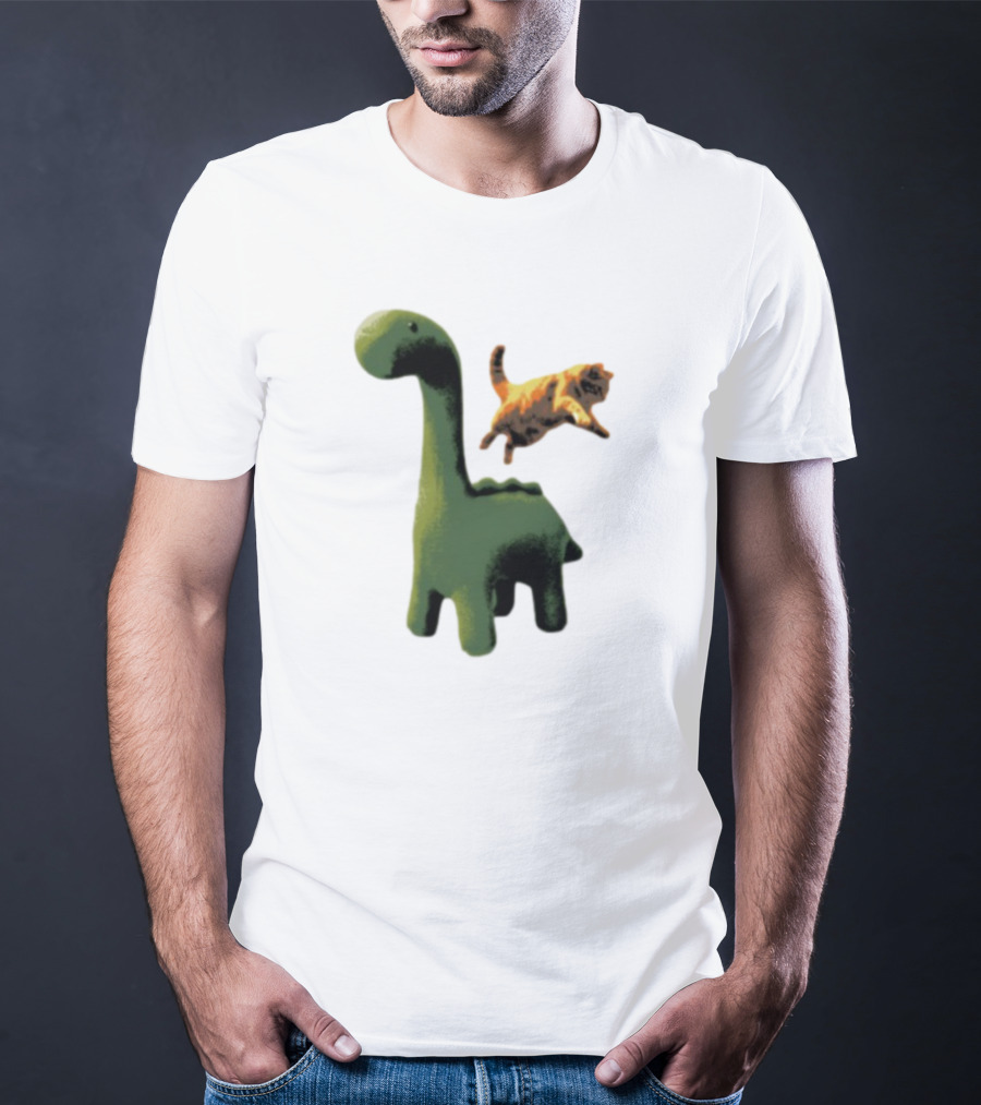 Abram Engle Kurt Dino Green Dinosaur With Leaping Orange Cat T-Shirt