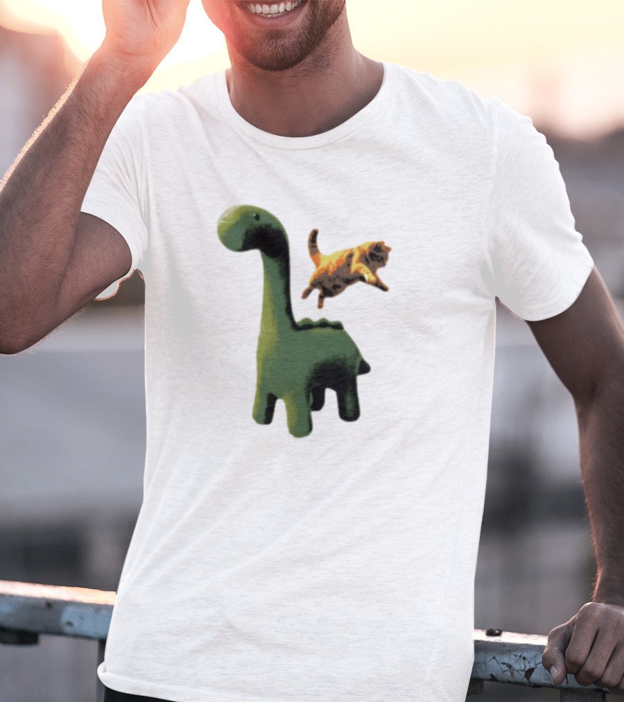 Abram Engle Kurt Dino Green Dinosaur With Leaping Orange Cat T-Shirt