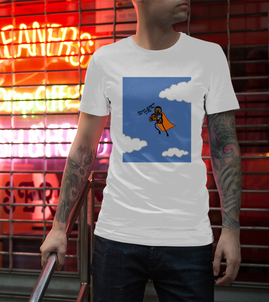 Aaron Wiggins You Saved My Life Superhero Drawing Floating In Clouds T-Shirt