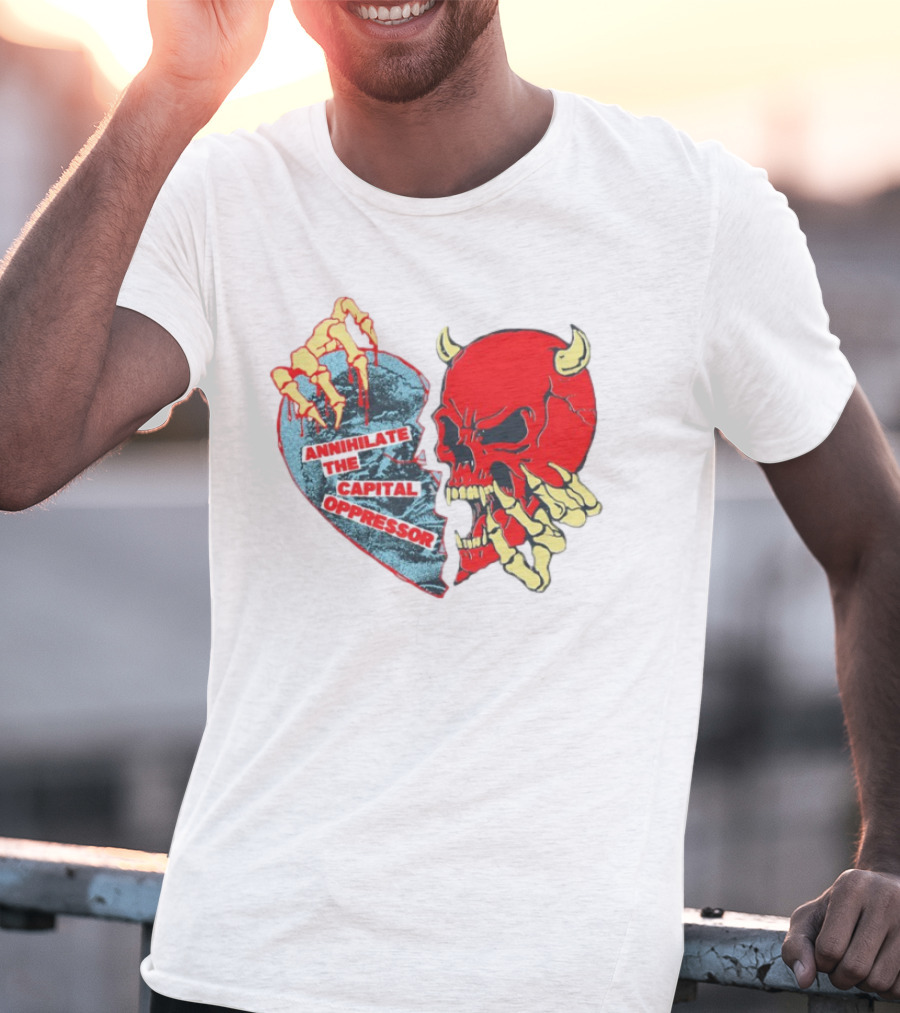 Annihilate The Capital Oppressor Red Skull And Skeleton Heart Design T-Shirt