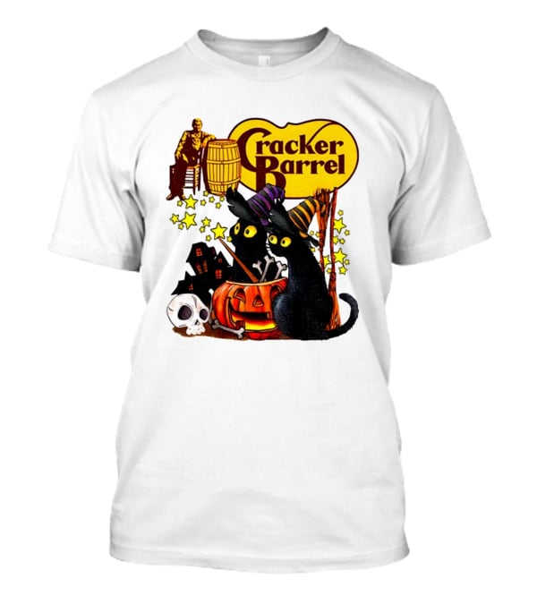 Cracker Barrel Halloween 2025 Black Cat Witches Pumpkin Stars Skulls T-Shirt