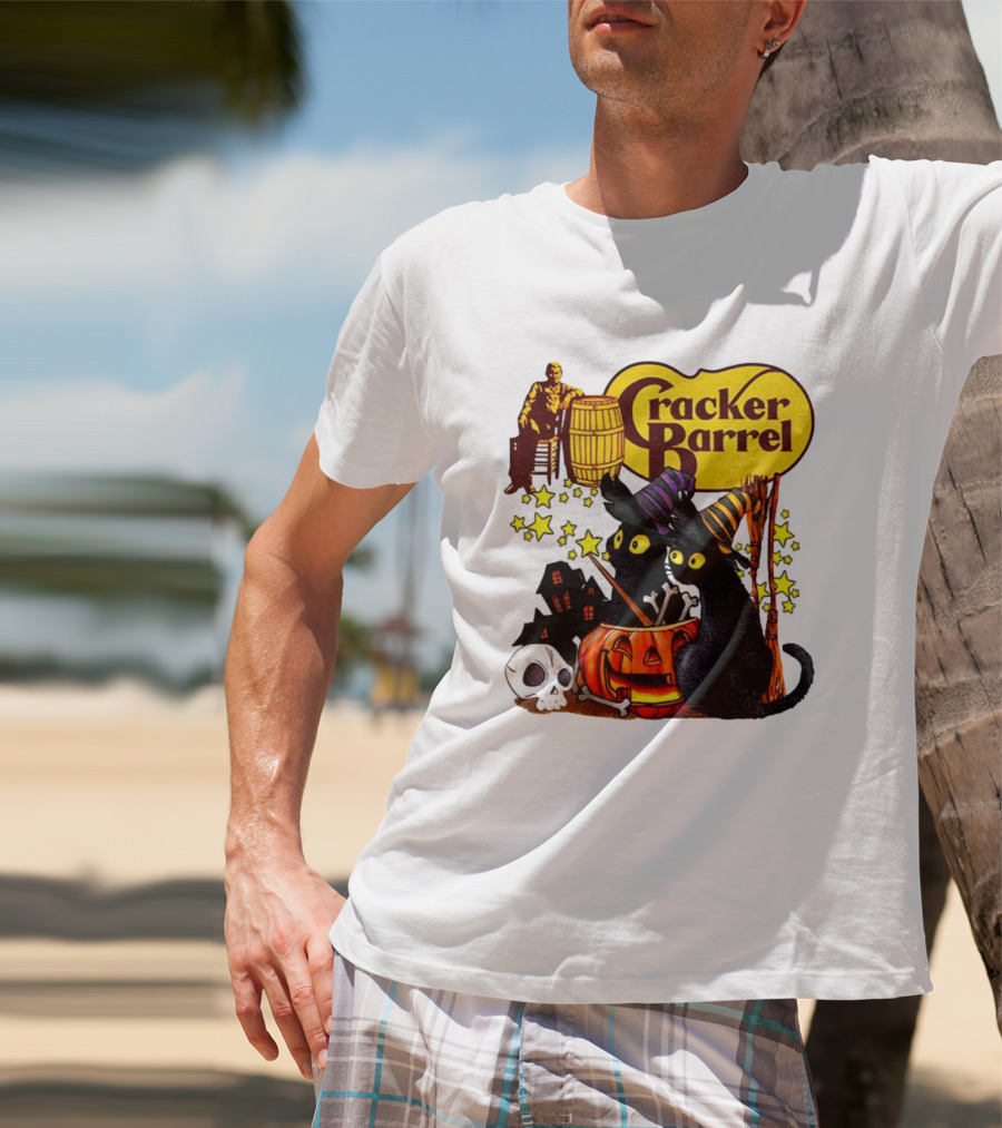 Cracker Barrel Halloween 2025 Black Cat Witches Pumpkin Stars Skulls T-Shirt