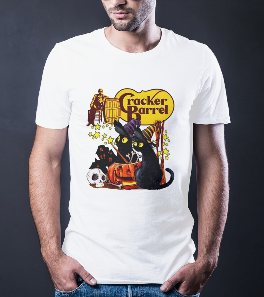 Cracker Barrel Halloween 2025 Black Cat Witches Pumpkin Stars Skulls T-Shirt