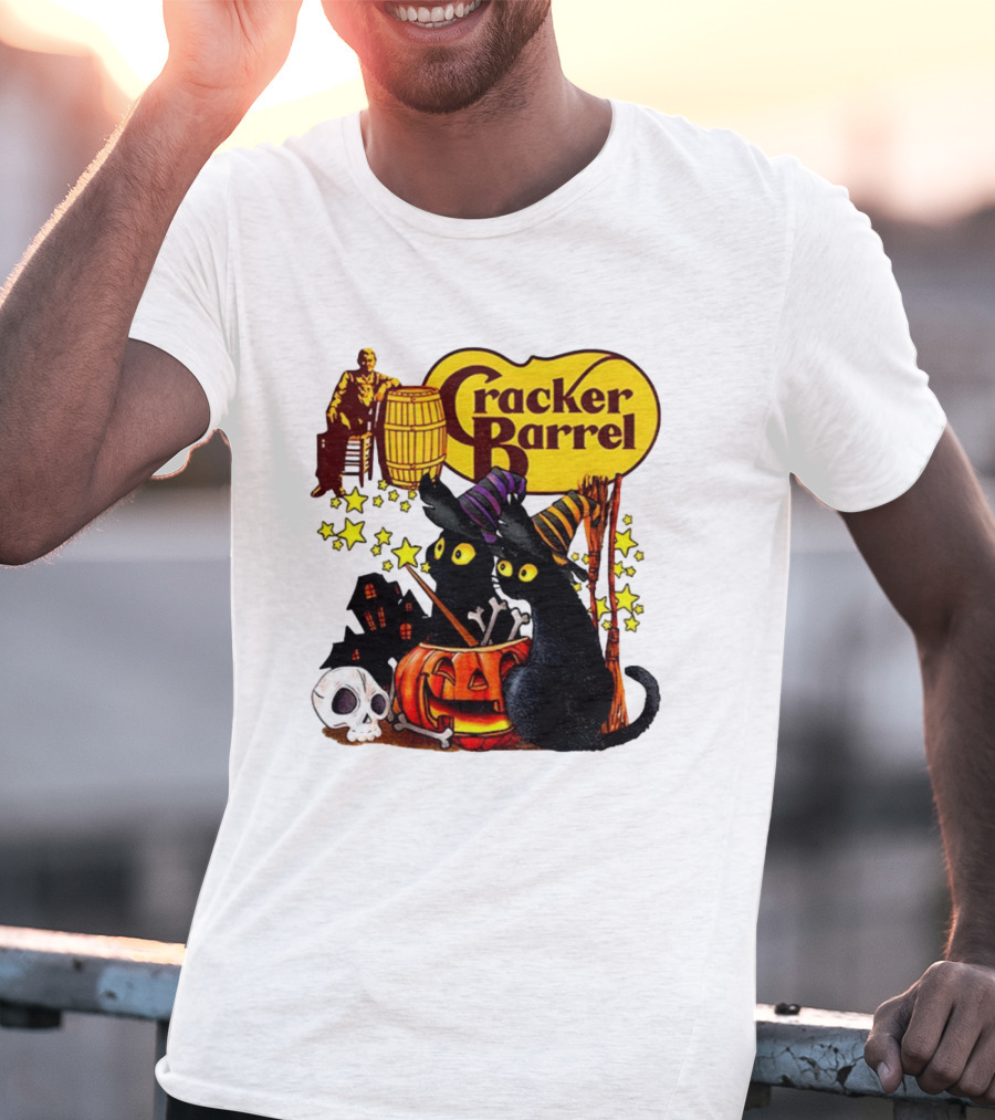 Cracker Barrel Halloween 2025 Black Cat Witches Pumpkin Stars Skulls T-Shirt