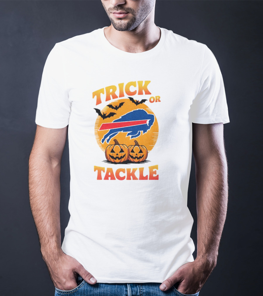 Buffalo Bills Trick Or Tackle Halloween Pumpkins And Bats T-Shirt