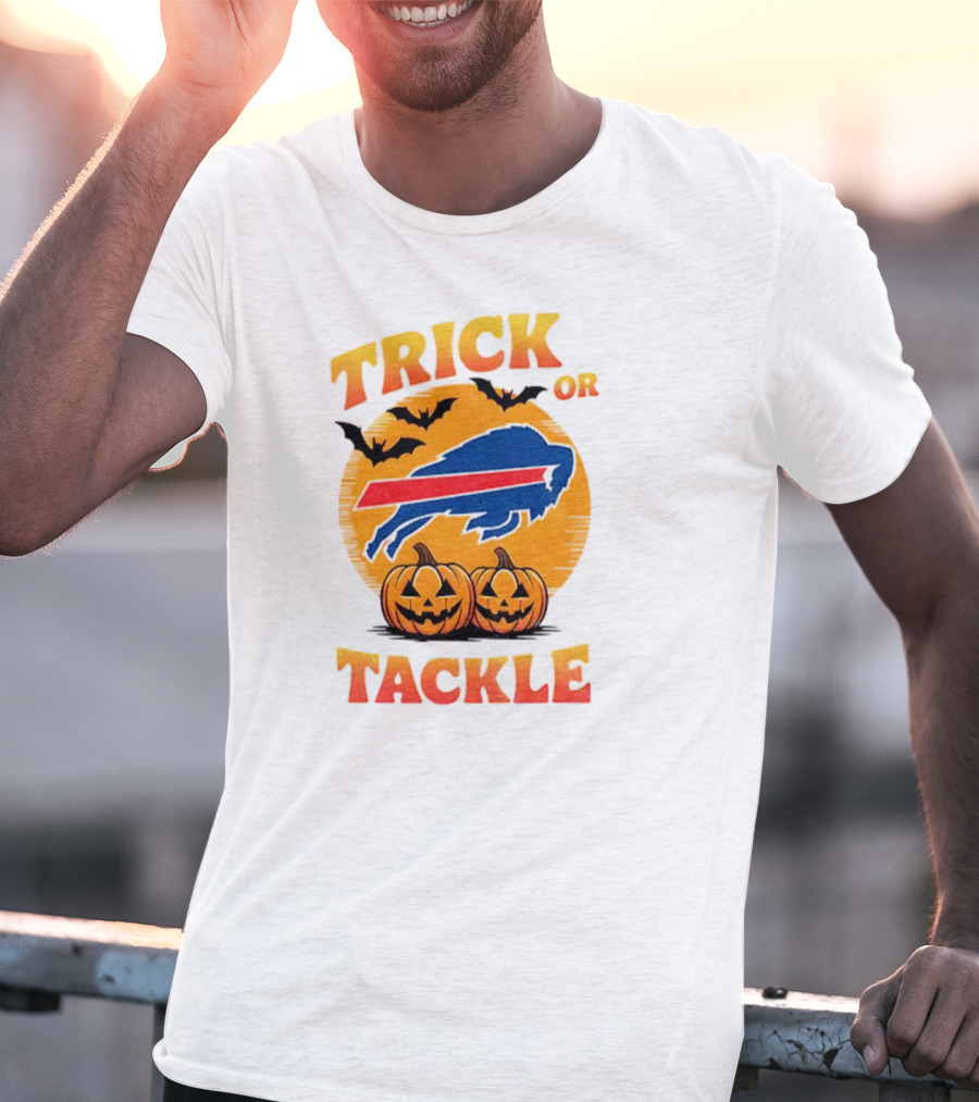 Buffalo Bills Trick Or Tackle Halloween Pumpkins And Bats T-Shirt