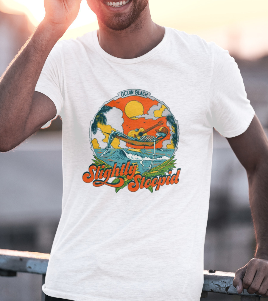 Slightly Stoopid Ocean Beach Skeleton Hammock Sun Guitar T-Shirt