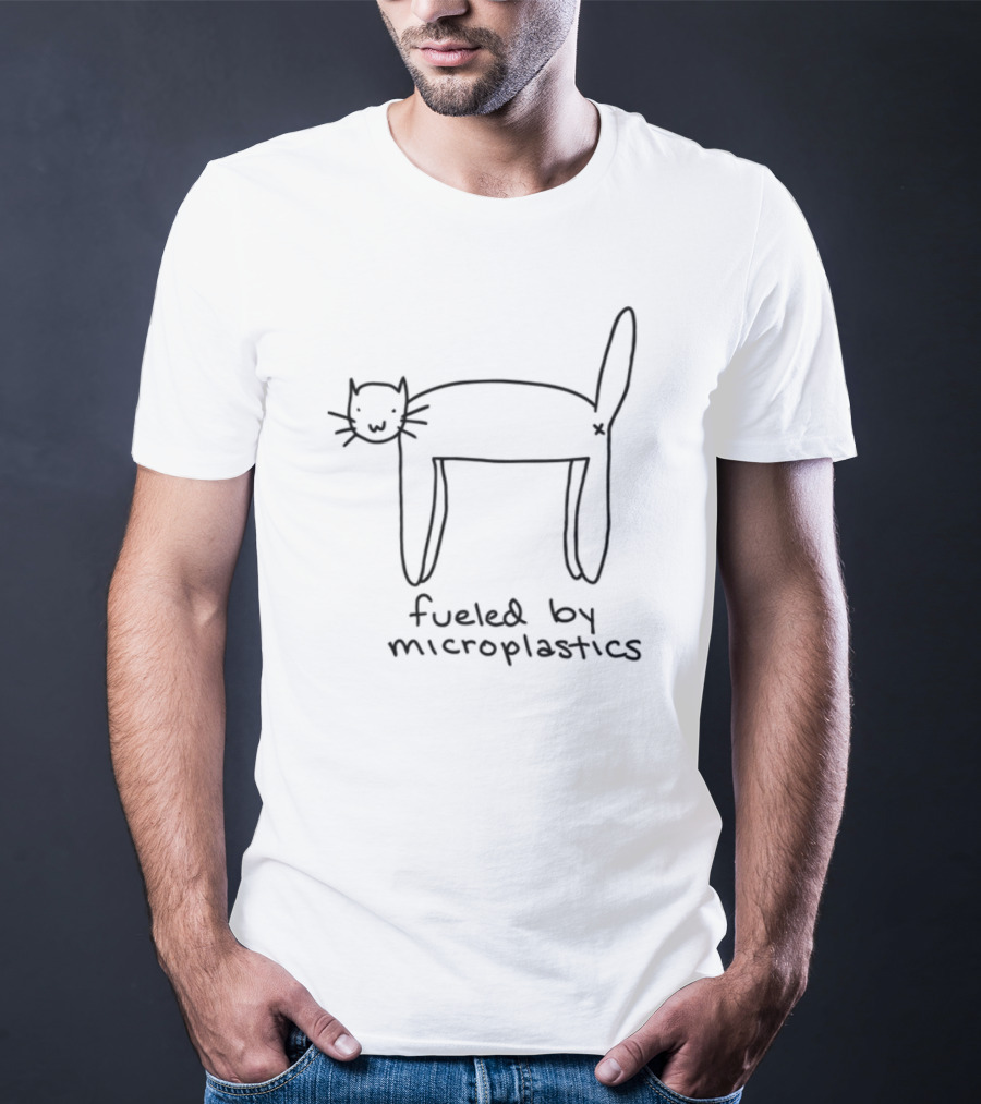 Fueled By Microplastics Cat Drawing Simple Outline Whimsical Humor T-Shirt
