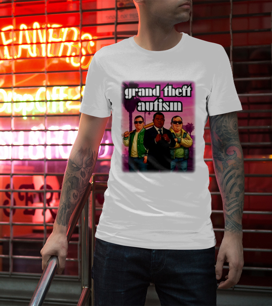 Grand Theft Autism Characters In Iconic Urban Setting T-Shirt