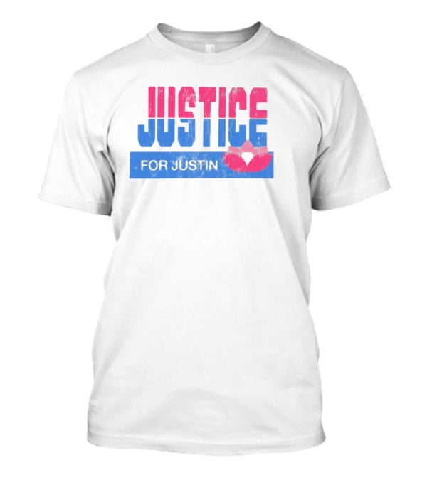 Justice For Justin LGBTQ Pride Pink And Blue Bold Text With Heart Symbol T-Shirt