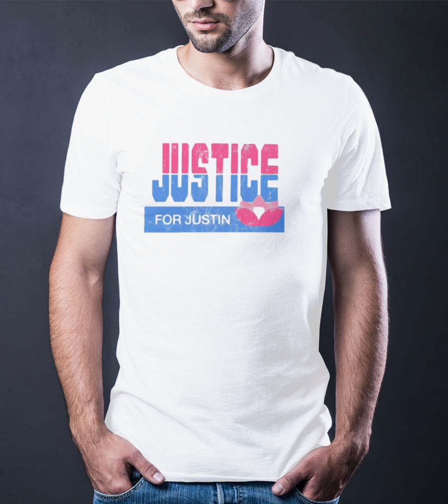 Justice For Justin LGBTQ Pride Pink And Blue Bold Text With Heart Symbol T-Shirt