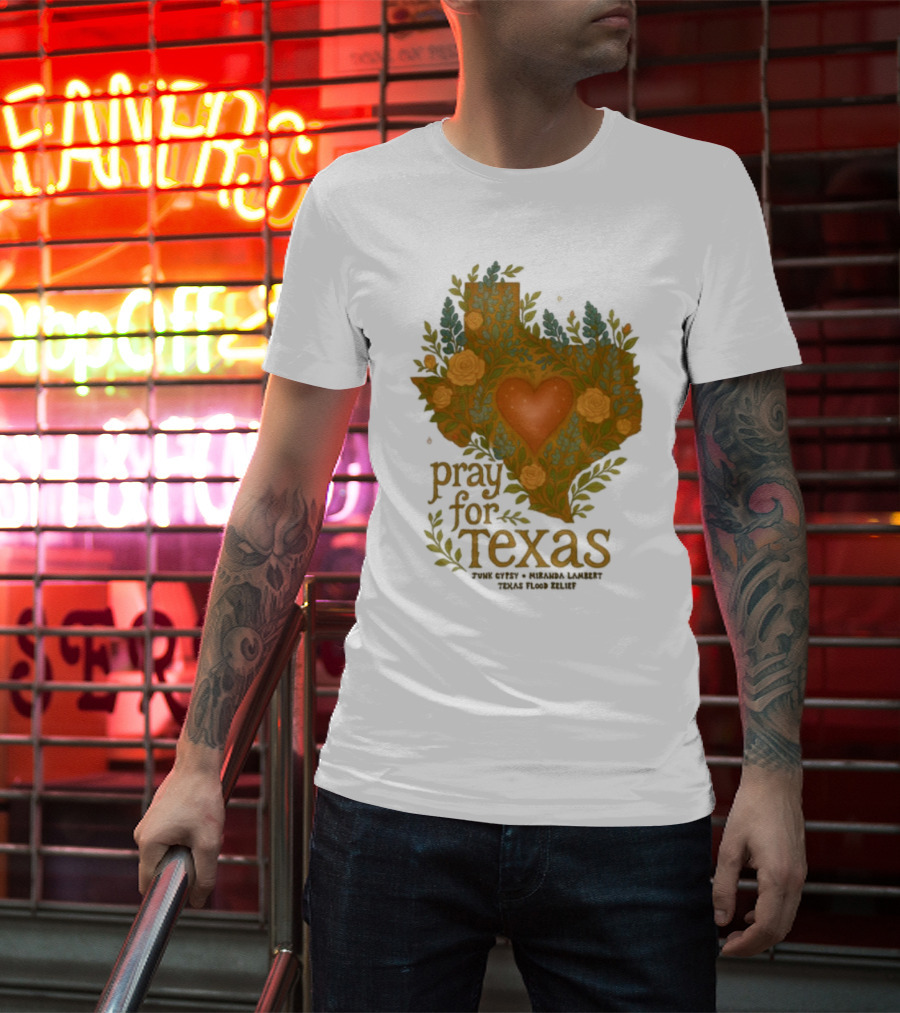 Pray For Texas Flood Relief Heart And Floral Pattern T-Shirt