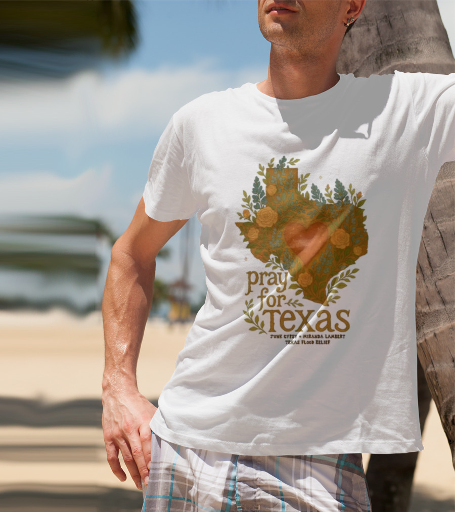 Pray For Texas Flood Relief Heart And Floral Pattern T-Shirt