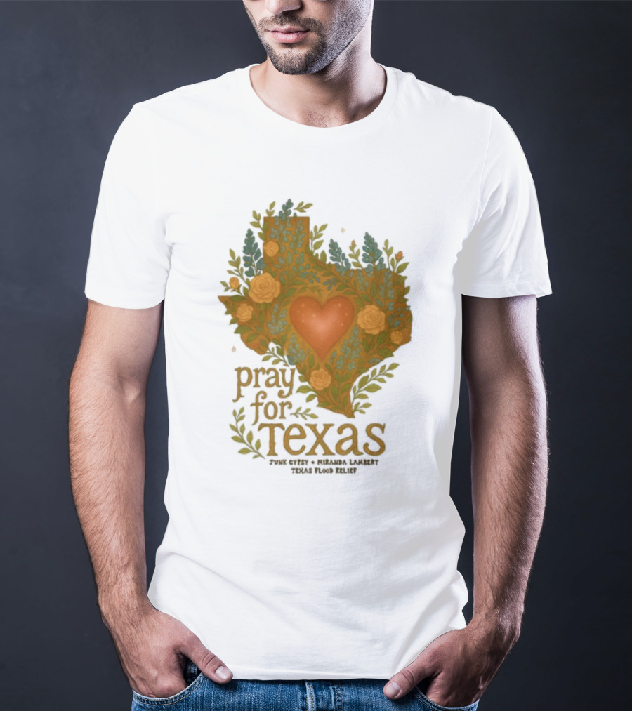 Pray For Texas Flood Relief Heart And Floral Pattern T-Shirt