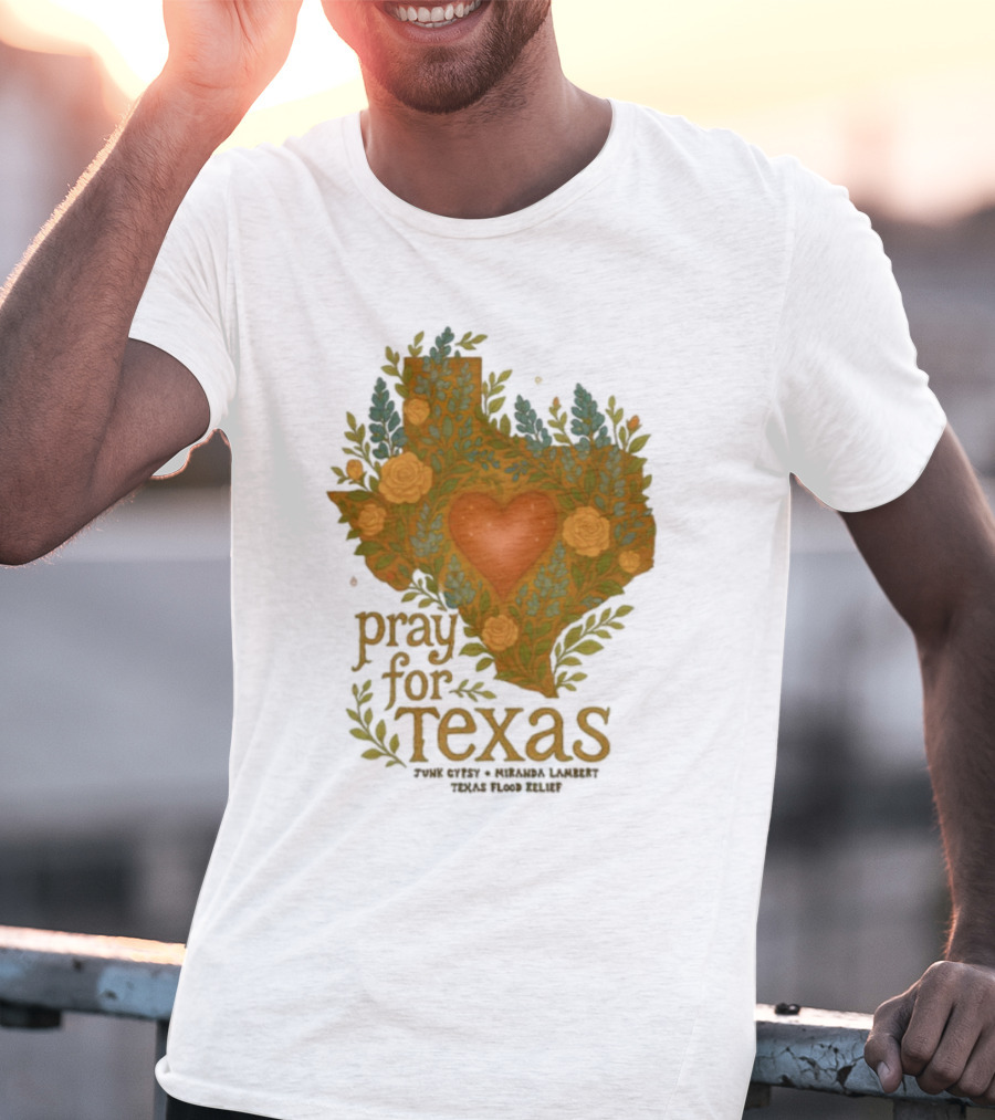 Pray For Texas Flood Relief Heart And Floral Pattern T-Shirt