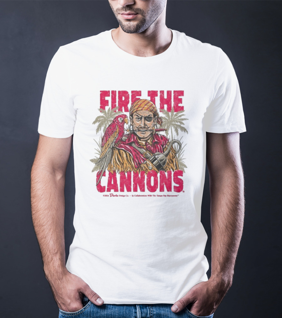 Fire The Cannons Buccaneers Pirate Parrot Palm Trees T-Shirt