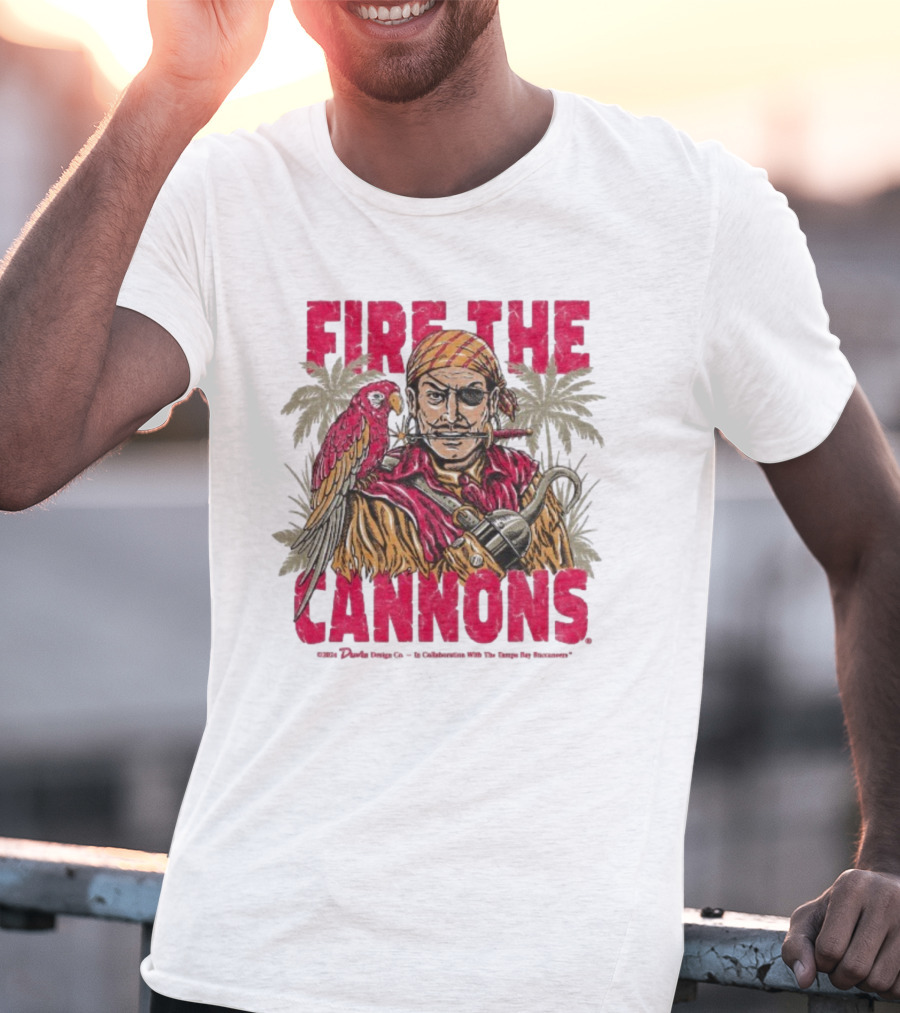 Fire The Cannons Buccaneers Pirate Parrot Palm Trees T-Shirt