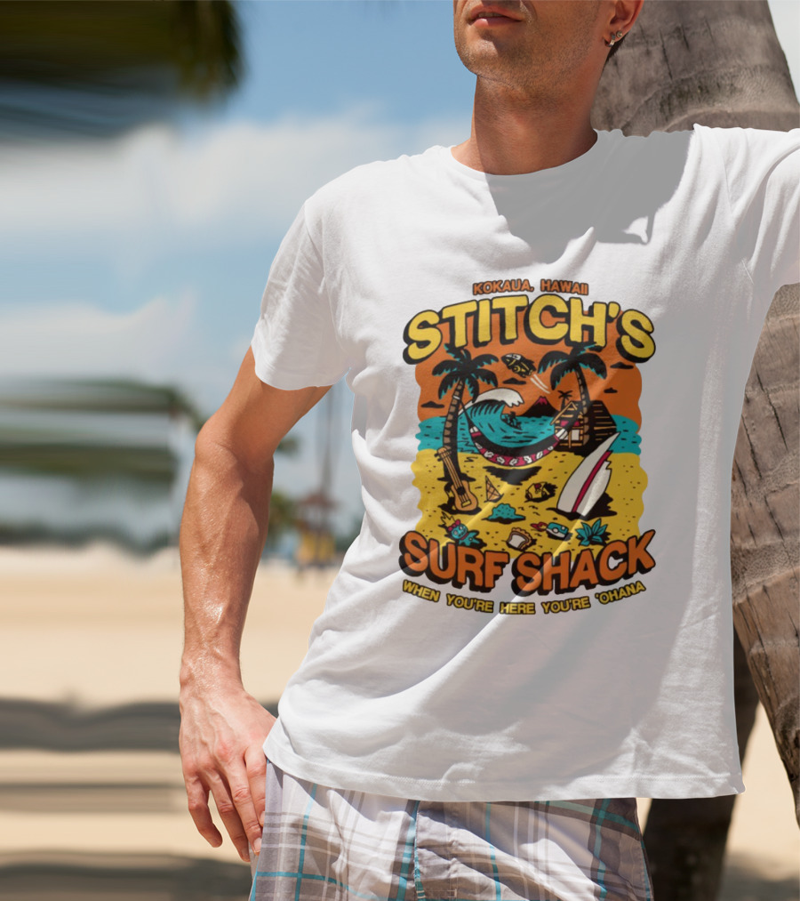 Kokaua Hawaii Stitch's Surf Shack When You're Here You're 'Ohana T-Shirt