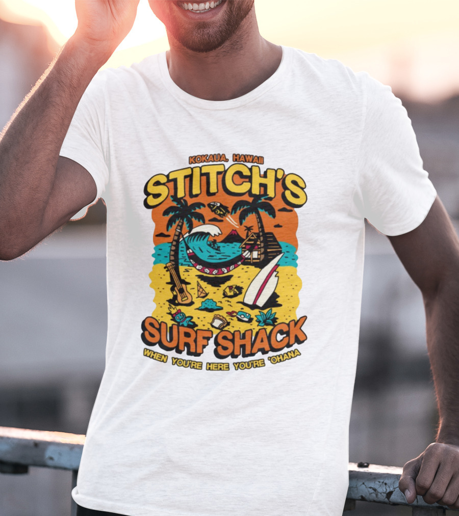 Kokaua Hawaii Stitch's Surf Shack When You're Here You're 'Ohana T-Shirt