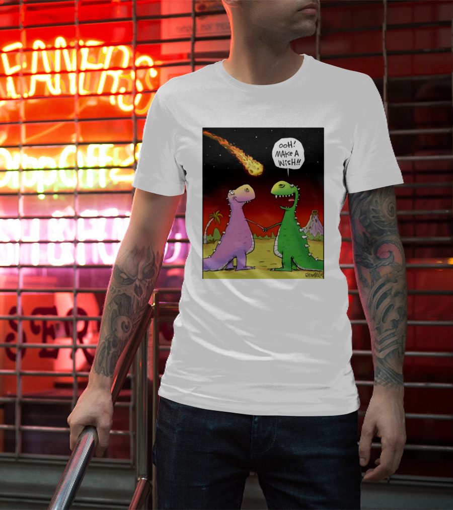 Glenn Mccoy Dinosaur Cartoon Ooh Make A Wish Meteorite Scene T-Shirt
