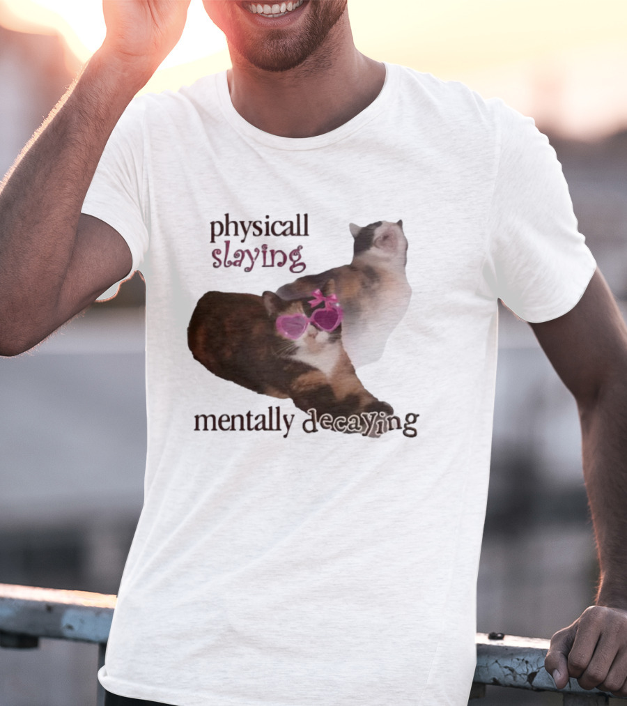 ```Snazzyseagull Physically Slaying Mentally Decaying Cat With Pink Heart Sunglasses``` T-Shirt
