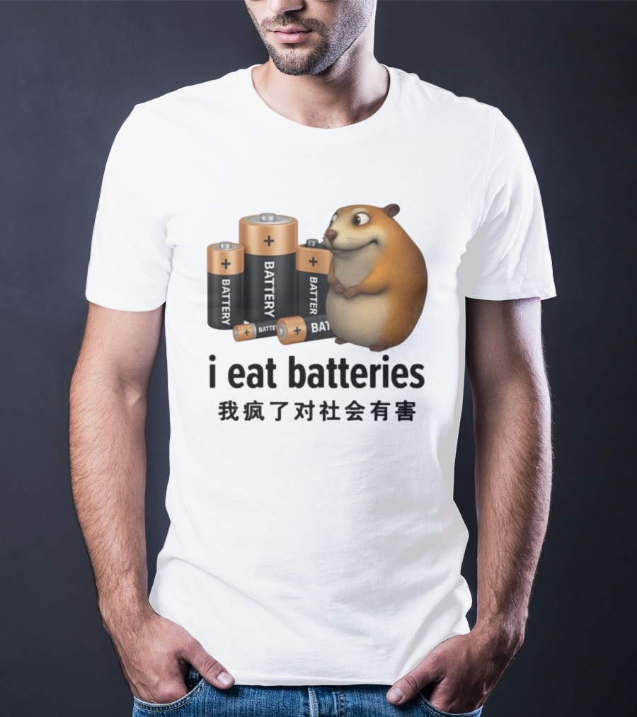 I Eat Batteries Funny Cartoon Hamster Chinese Text T-Shirt