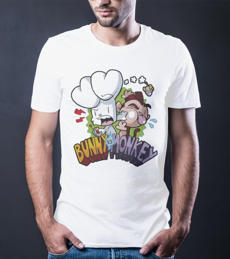 Bunny Vs Monkey Cartoon Rivalry Comic Style T-Shirt