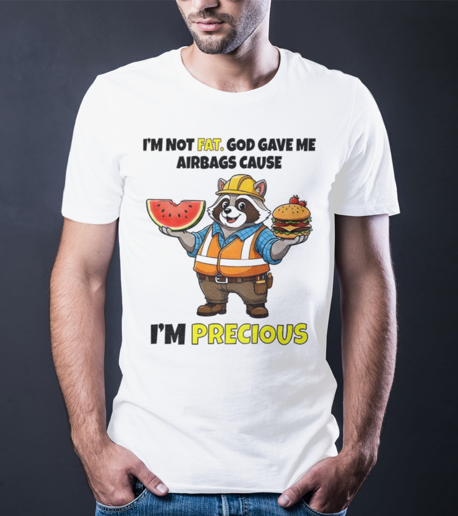 Raccoon In Safety Gear Holding Watermelon And Burger I'm Not Fat Precious T-Shirt