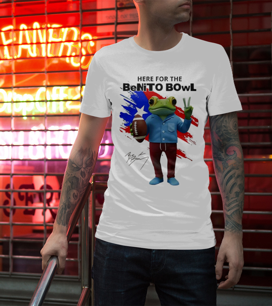 Bad Bunny Here For The Benito Bowl Super Bowl Frogs Puerto Rico Flag Football Peace Sign Signature T-Shirt