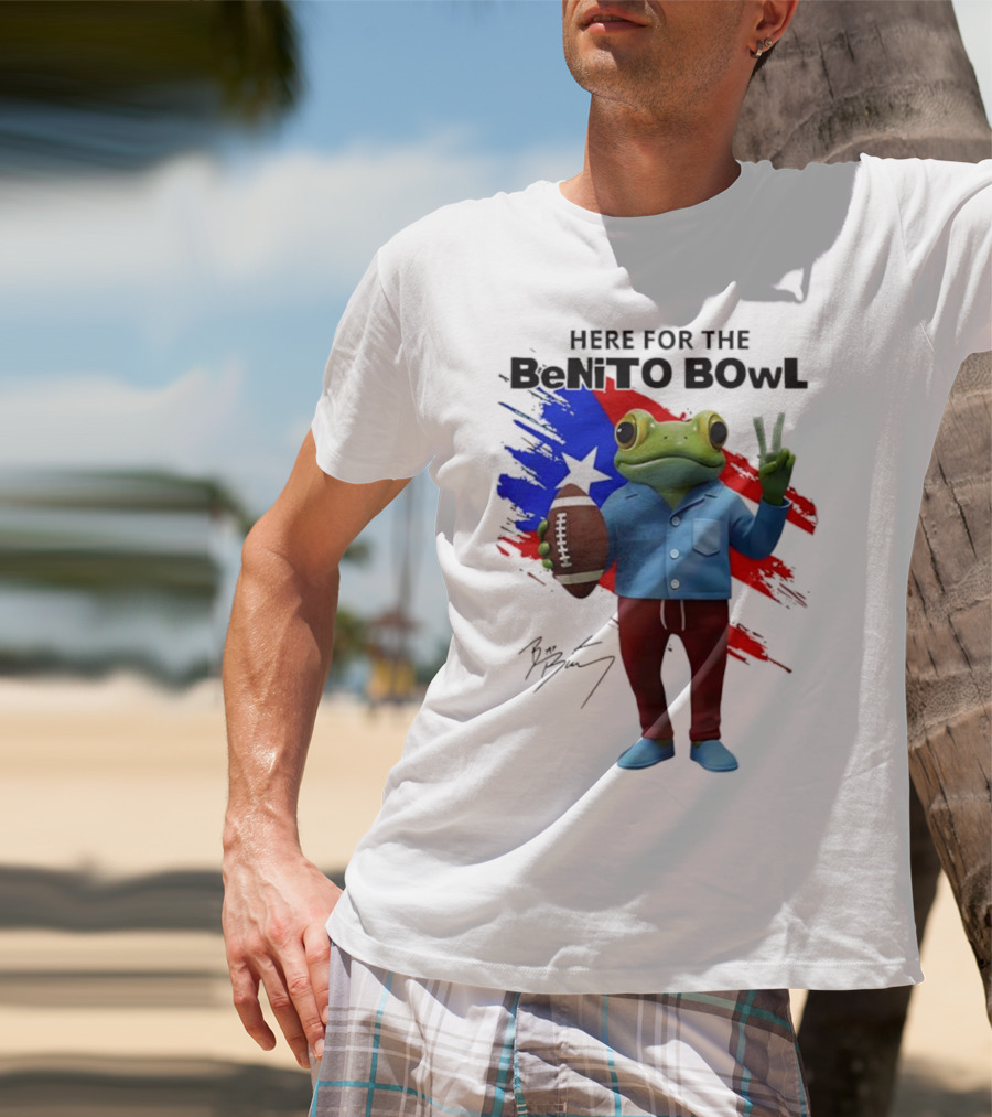 Bad Bunny Here For The Benito Bowl Super Bowl Frogs Puerto Rico Flag Football Peace Sign Signature T-Shirt