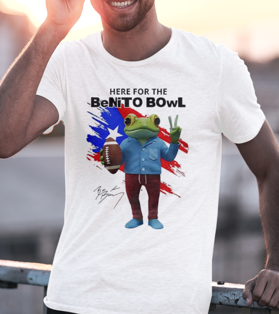 Bad Bunny Here For The Benito Bowl Super Bowl Frogs Puerto Rico Flag Football Peace Sign Signature T-Shirt