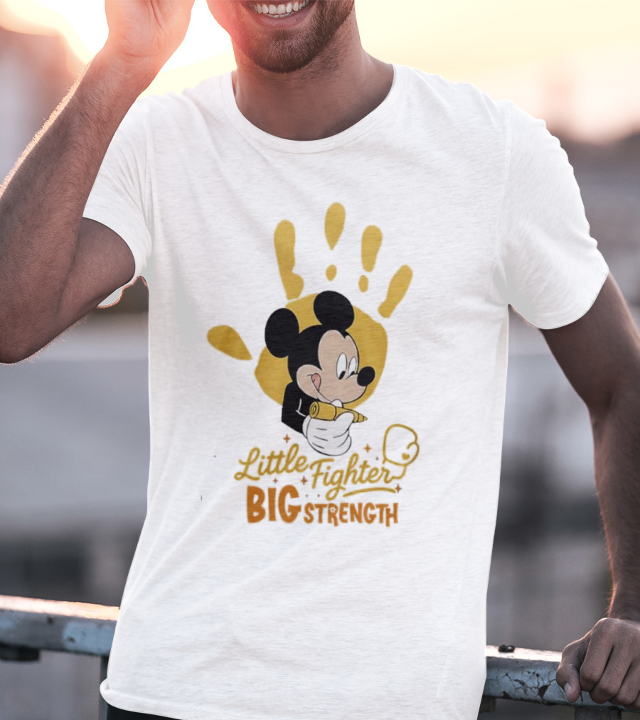 Mickey Mouse Little Fighter Big Strength Cancer Awareness Handprint T-Shirt