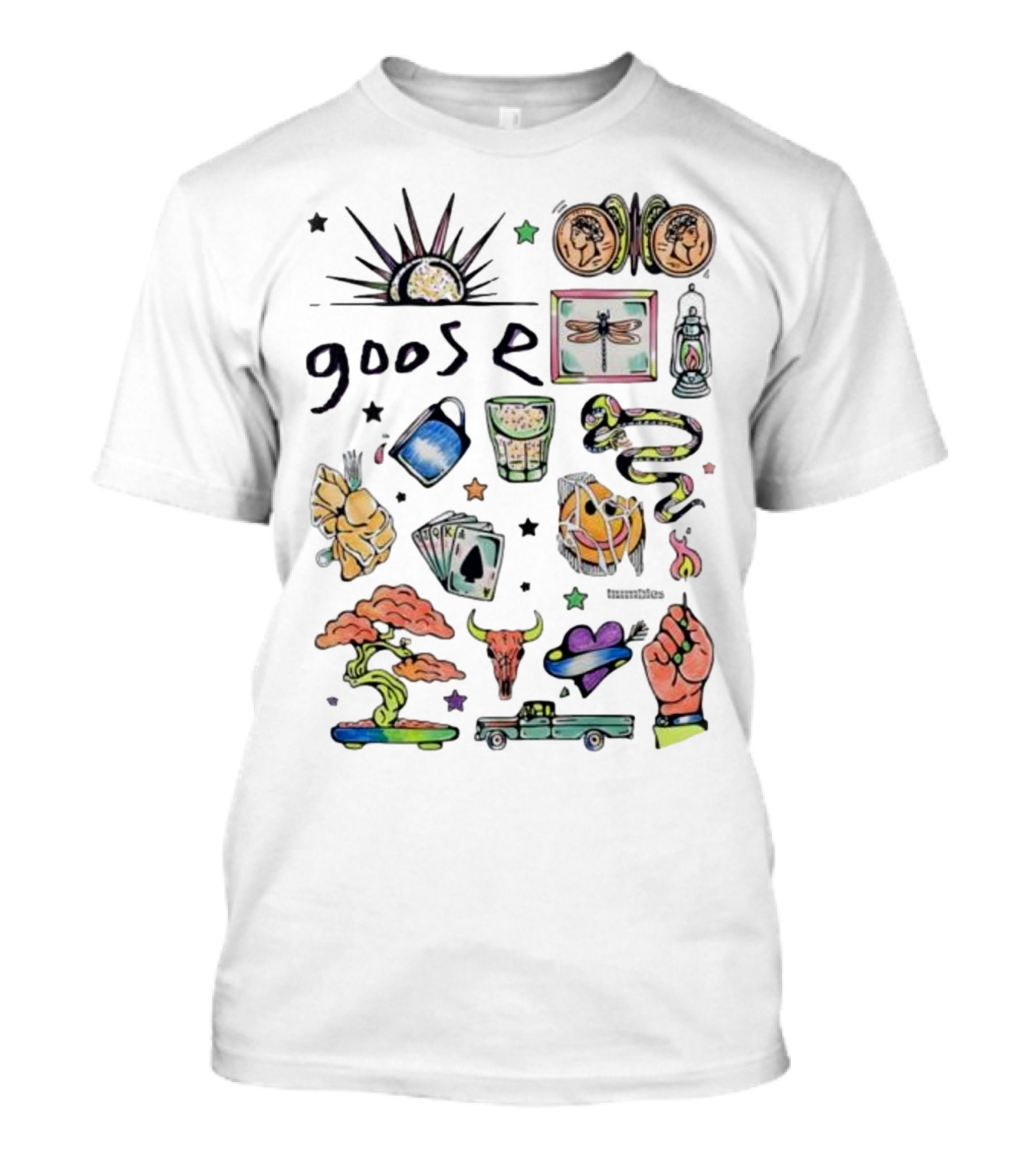 Goose Psychedelic Sunrise And Nature Symbols With Playing Cards Art T-Shirt
