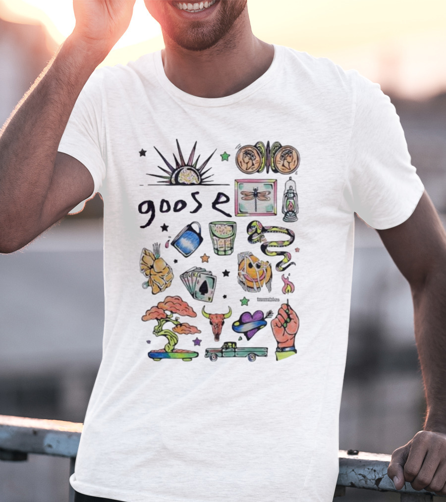 Goose Psychedelic Sunrise And Nature Symbols With Playing Cards Art T-Shirt