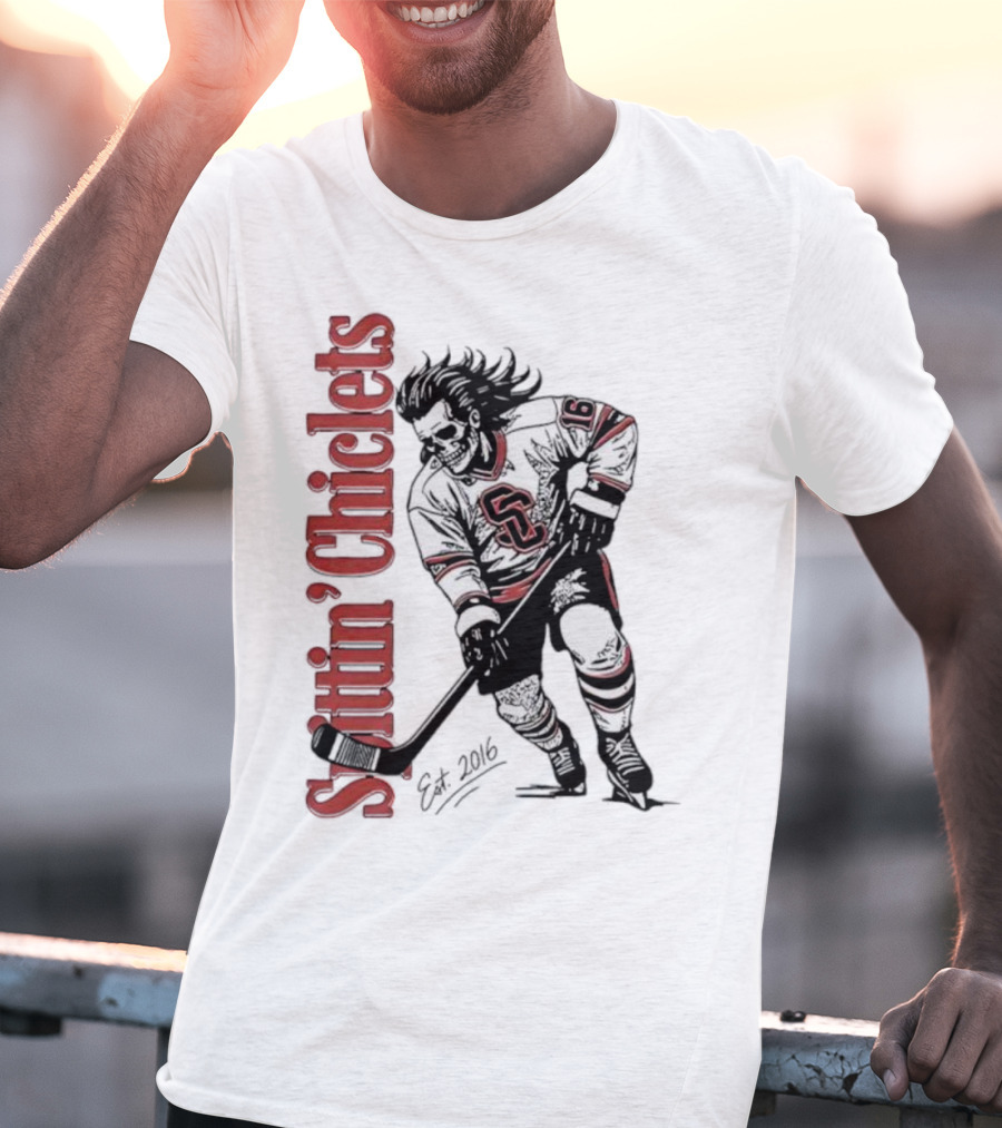 Spittin Chiclets Skullet Skeleton Player Hockey Est 2016 T-Shirt