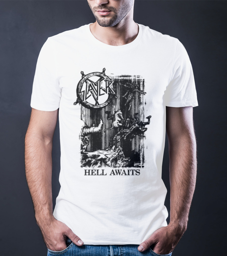 Monochrome Slayer Hell Awaits Acid Iconic Band Art T-Shirt