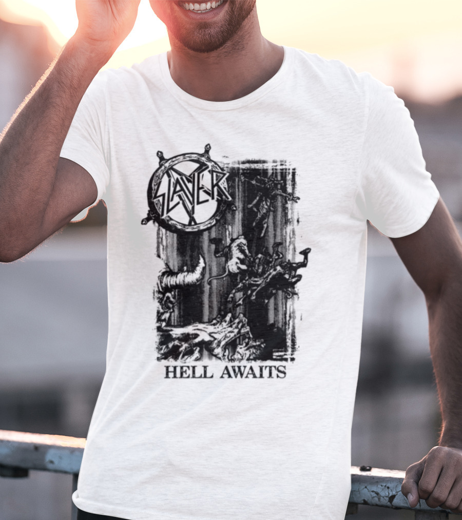 Monochrome Slayer Hell Awaits Acid Iconic Band Art T-Shirt