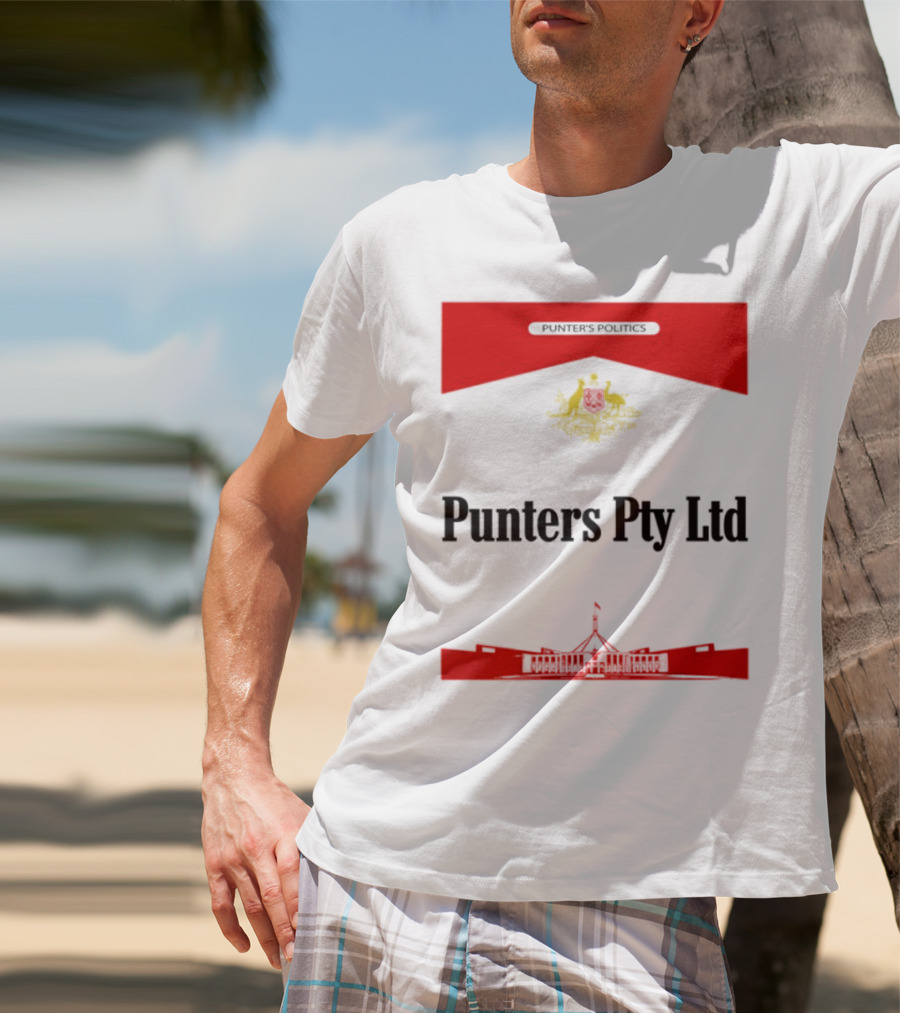 Punter's Lobbyist Uniform Australia's Parliament House Silhouette Red And Gold Emblem T-Shirt