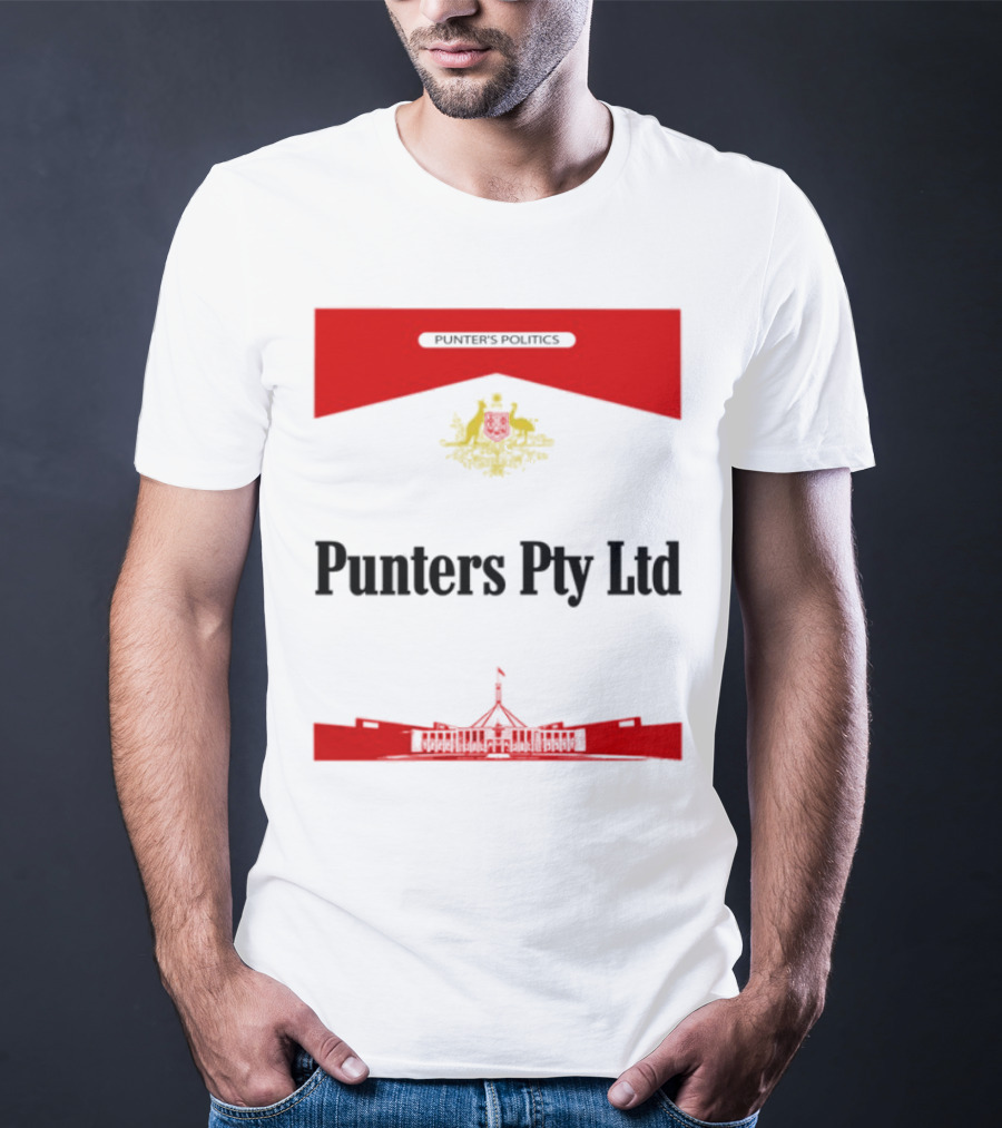 Punter's Lobbyist Uniform Australia's Parliament House Silhouette Red And Gold Emblem T-Shirt