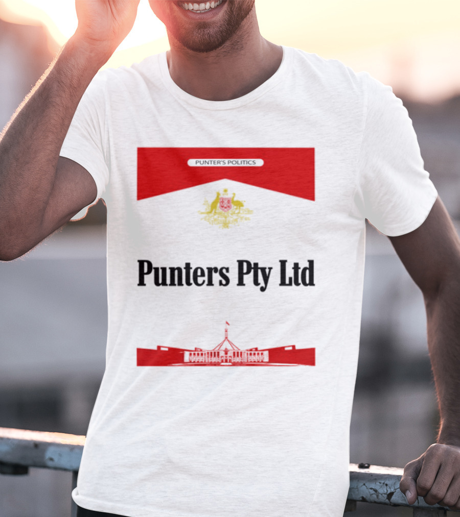 Punter's Lobbyist Uniform Australia's Parliament House Silhouette Red And Gold Emblem T-Shirt