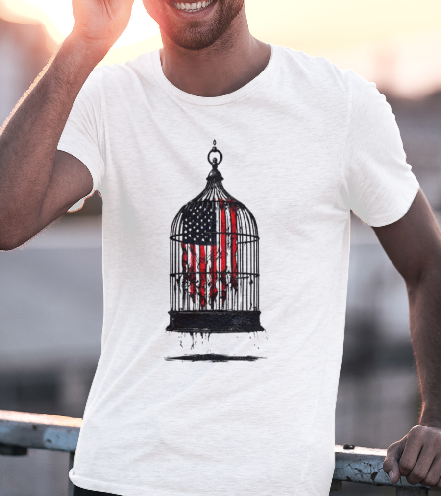 Caged Liberty American Flag Birdcage Government Shutdown T-Shirt