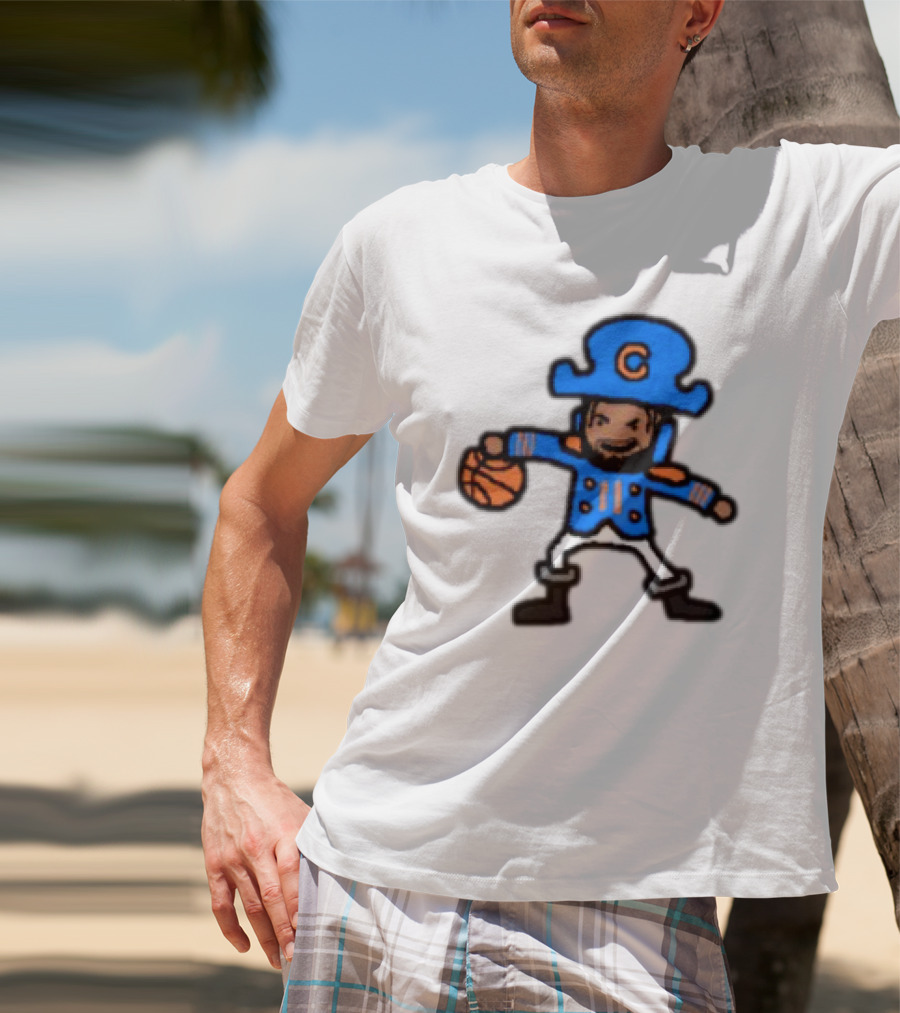 Captain Clutch Basketball Cartoon Character Blue Hat And Jacket T-Shirt