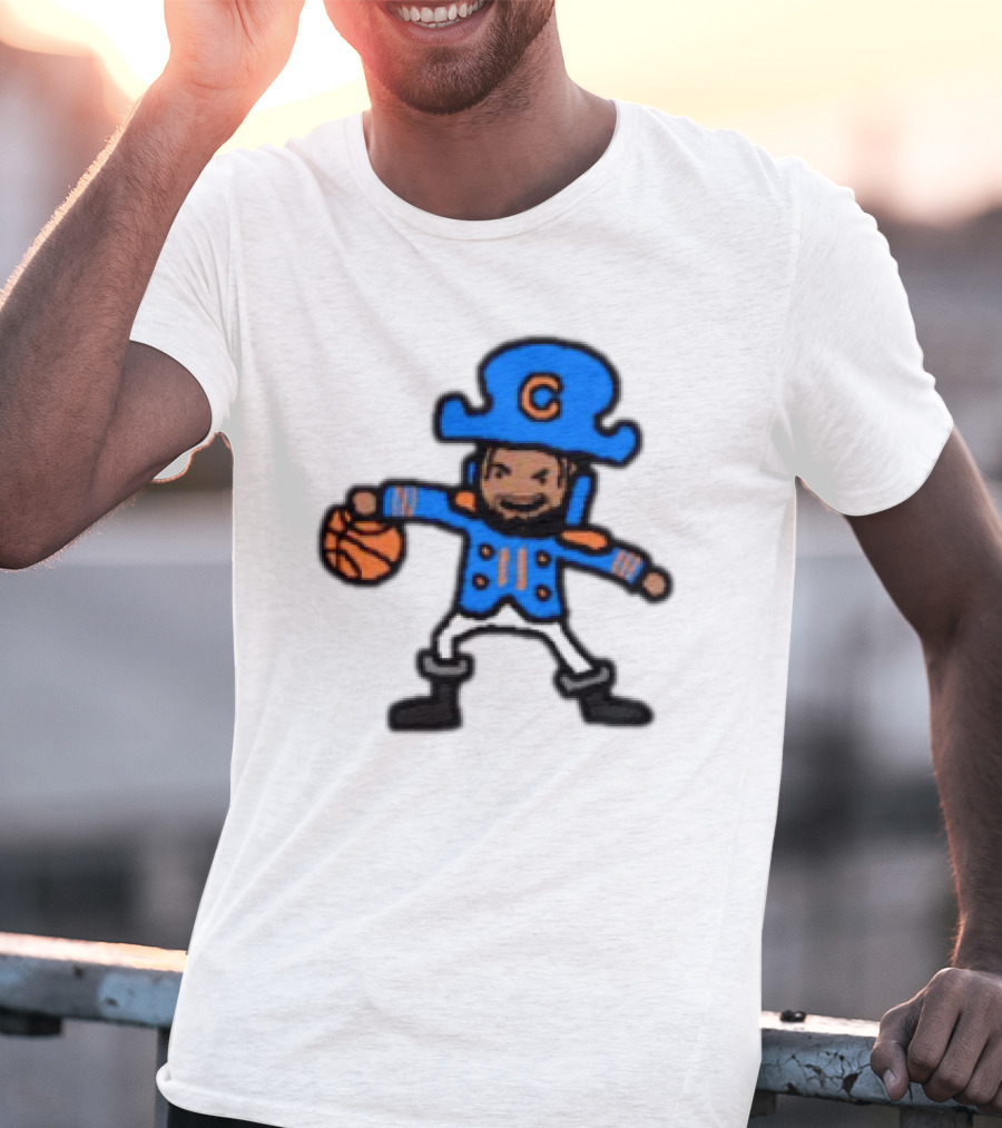 Captain Clutch Basketball Cartoon Character Blue Hat And Jacket T-Shirt